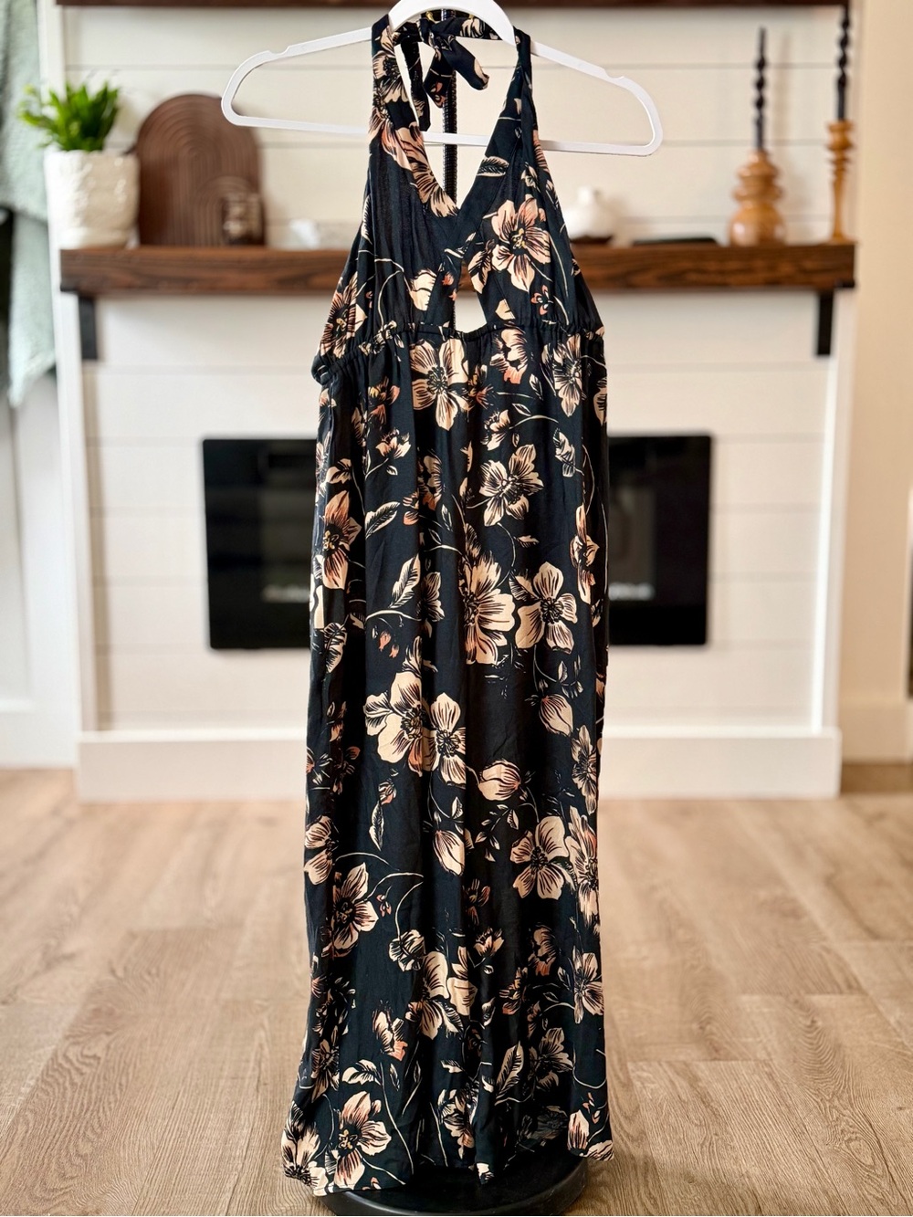 saltwater LUXE Black Halter Floral Jumpsuit with Tan Blooms